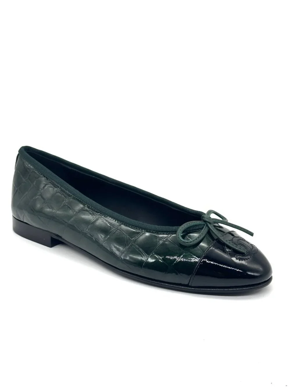 CHANEL 26A Crocodile Embossed Patent Leather Cap Toe Bow Ballerina Ballet Flats - Picture 10 of 16